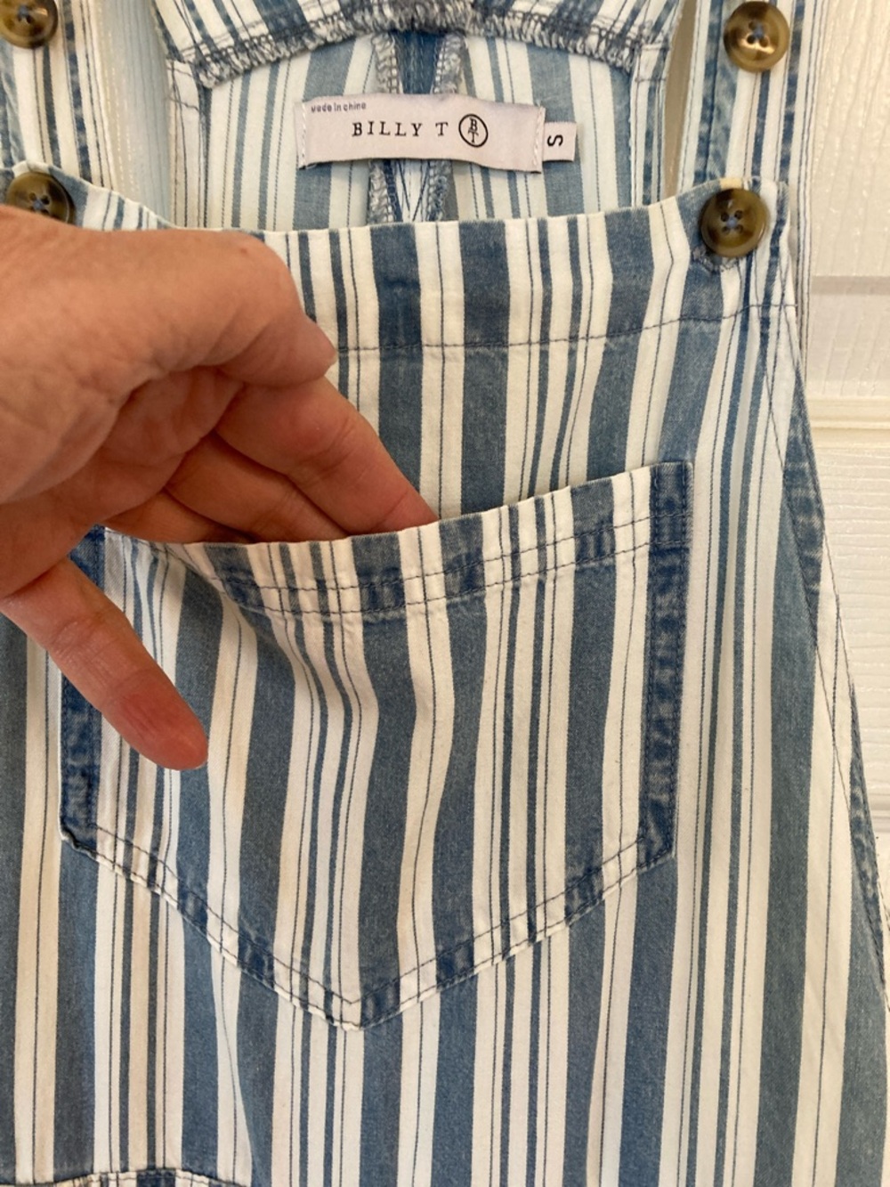 Billy T Striped Blue & White Women's Cotton Overalls Jumpsuit - Picture 3 of 11